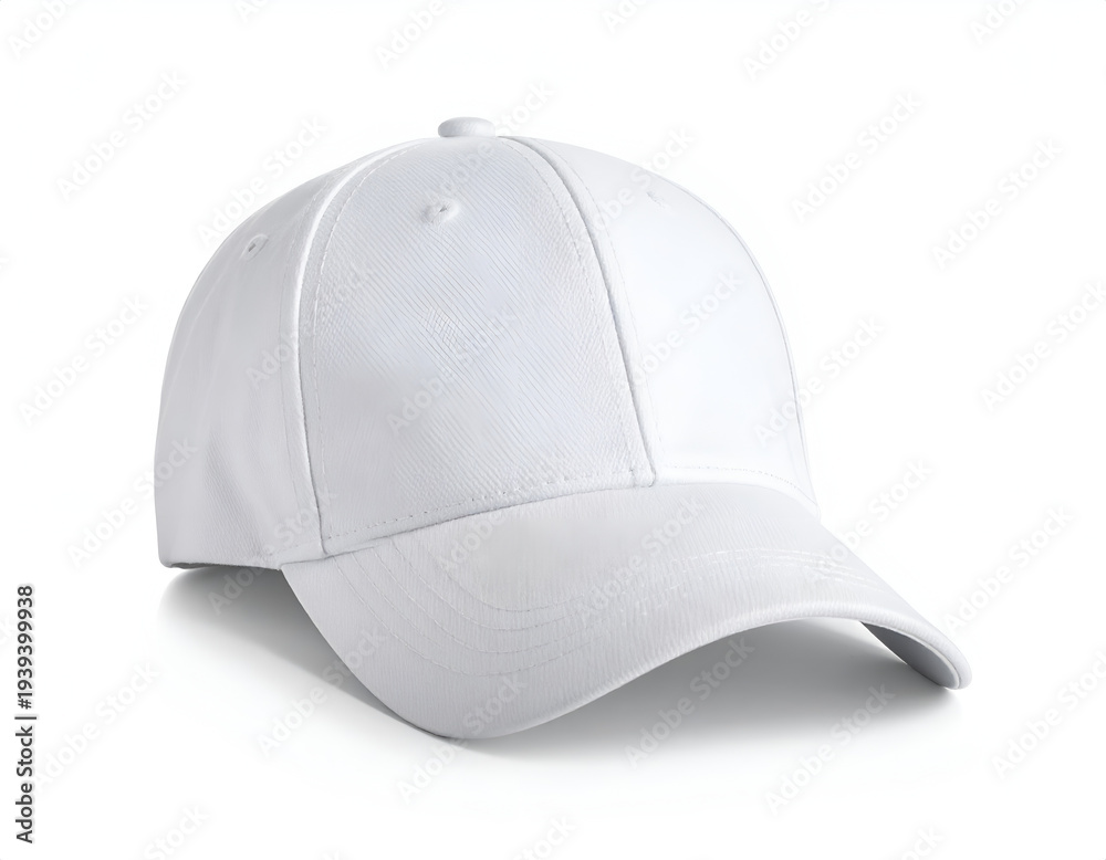 Fototapeta premium A plain white baseball cap casts a subtle shadow against a stark white background