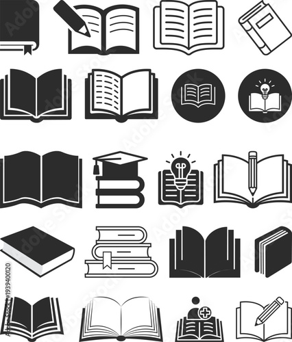 Education and book learning icons set. Featuring open books, textbooks, graduation cap, reading symbols and knowledge concepts. University college school study concept.