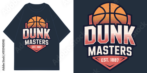 dunk masters basketball team est 1887 vintage varsity collegiate typography with orange ball t shirt design vector illustration artwork
