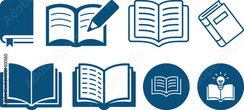 Education and book learning icons set. Featuring open books, textbooks, graduation cap, reading symbols and knowledge concepts. University college school study concept.
