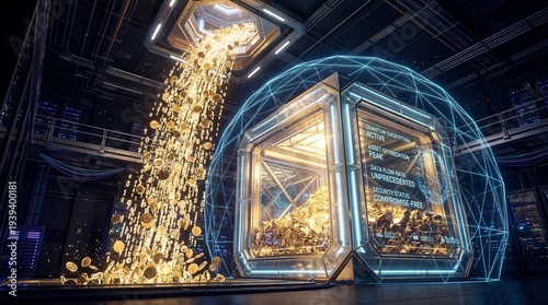 Futuristic digital cryptocurrency vault with quantum encryption hologram and glowing binary code stream, Generative AI
