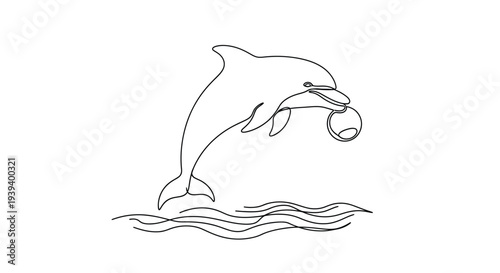 Fotografía One Line Art Illustration of a Dolphin Jumping Over Sea Waves Playing with a Bal