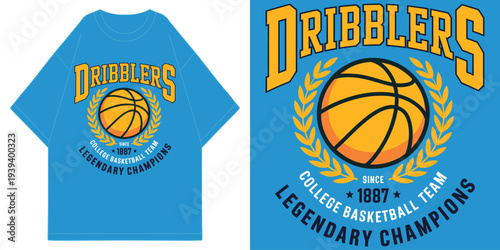 dribblers college basketball team legendary champions with vintage orange ball and laurel wreath t shirt design vector illustration artwork
