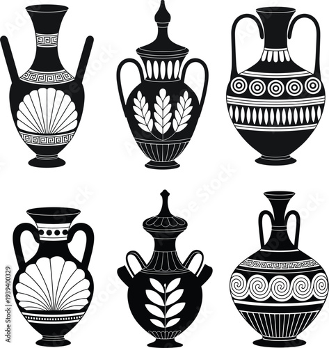 Set of ancient Greek black and white amphora and vases with traditional meander patterns, isolated