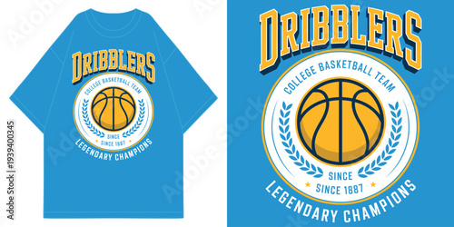 dribblers college basketball team legendary champions with vintage orange ball and laurel wreath t shirt design vector illustration artwork
