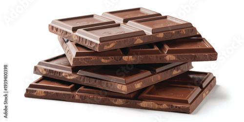 A high-quality product photograph of broken dark chocolate bars stacked on top of each other against a pure white background.  
