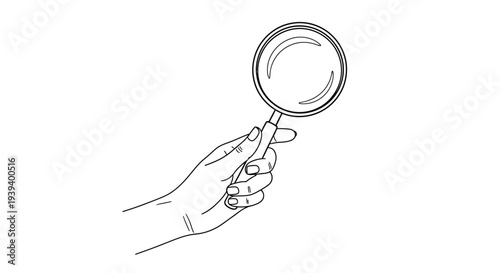 Minimalist line drawing of a human hand holding a magnifying glass for search