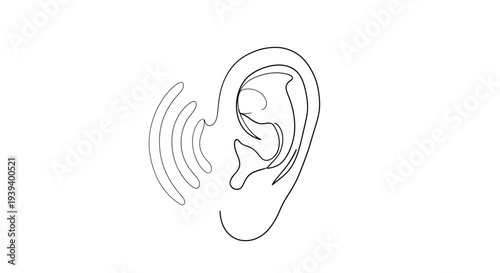 Canvas Print Continuous line drawing of a human ear with sound waves for hearing concept