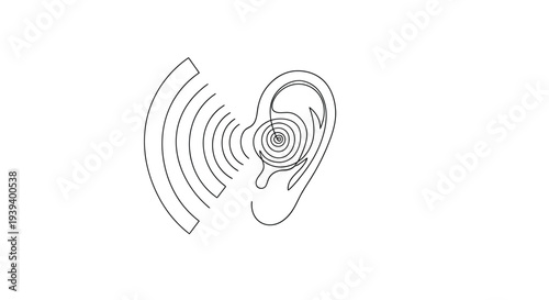 Konstfotografi Continuous line drawing of a human ear with sound waves, symbolizing hearing and