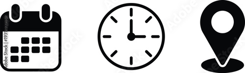 Calendar, clock and location pin vector icons set for time management schedule planning navigation map marker symbols