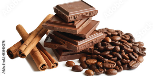 A high-quality product photography shot of dark chocolate pieces, cinnamon sticks, and coffee beans arranged on a white background. 
