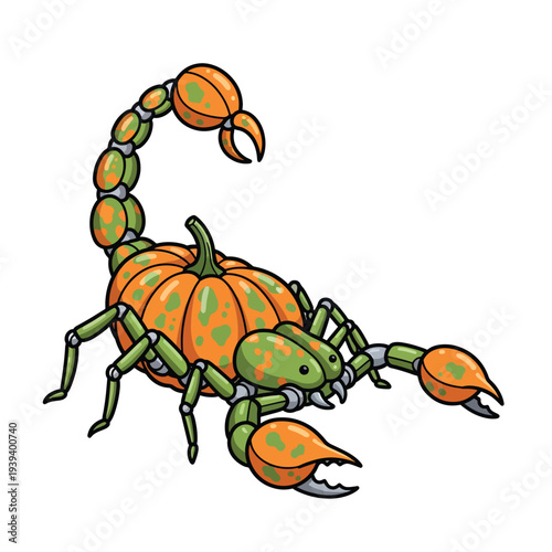 A vibrant, orange and green cartoon scorpion with a pumpkin body, standing alone on a white background from a pektor4614.eps reference, viewed from the side.