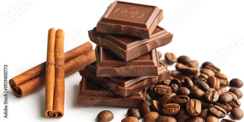 A high-quality product photography shot of dark chocolate pieces, cinnamon sticks, and coffee beans arranged on a white background. 