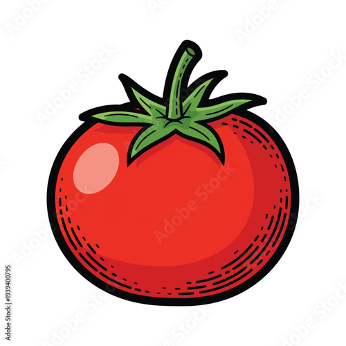 Illustration of a red tomato with green leaves from a top viewpoint
