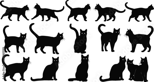Black cat silhouettes collection, feline poses vector illustration, domestic pet icons, animal design graphic, sitting and walking cats artwork