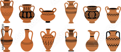 Set of traditional ancient Greek terracotta pottery vases and amphora with black ornamental patterns, isolated