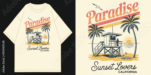 paradise sunset lovers california with lifeguard tower palm trees and bicycle vintage beach aesthetic t shirt design vector illustration artwork
