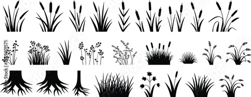 Grass, reeds, flowers and tree stump silhouettes vector collection for landscape design botanical nature elements isolated on white background