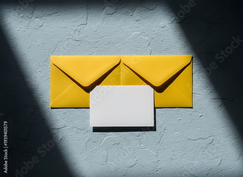 Yellow Envelopes and Blank Card on Textured Wall