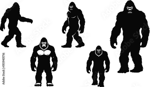 Gorilla and Bigfoot silhouettes, cryptid creatures in diverse poses, muscular anatomy, mysterious wildlife theme, vector illustration
