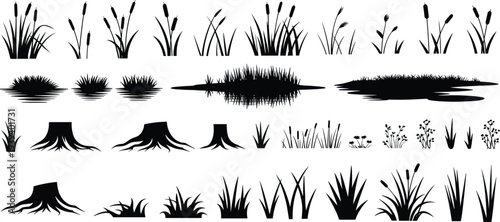 Grass, reeds, plants, tree stumps and pond silhouettes vector set for landscape design nature elements isolated on white background