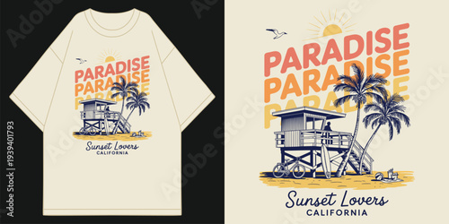 paradise sunset lovers california with lifeguard tower palm trees and bicycle vintage beach aesthetic t shirt design vector illustration artwork
