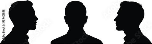 Human head silhouettes in profile and front view, identity concept, visual perception theme, symmetry design, vector illustration, artistic outline, psychology representation, modern concept artwork