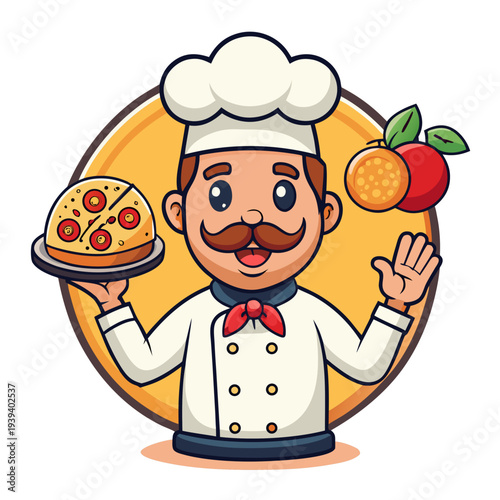 Cartoon chef with pizza and fruit vector illustration
