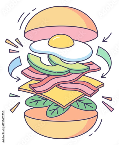 Colorful Breakfast Sandwich Illustration with Eggs, Lettuce, and Toast