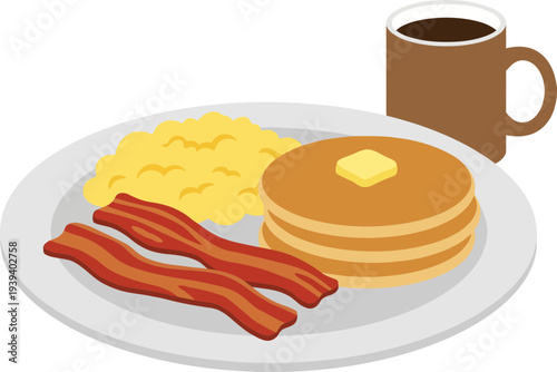 Delicious breakfast meal with eggs, bacon, pancakes, and coffee