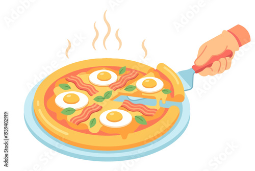 Fresh homemade breakfast pizza with vegetables and eggs on a hot tray