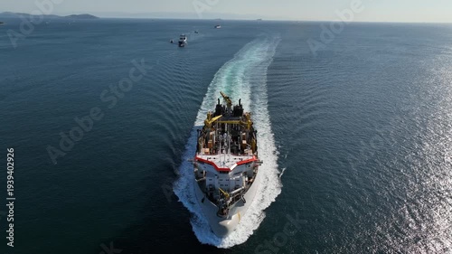 A giant ship is passing through Istanbul; aerial footage. Drone footage of the ship in the Istanbul Strait.