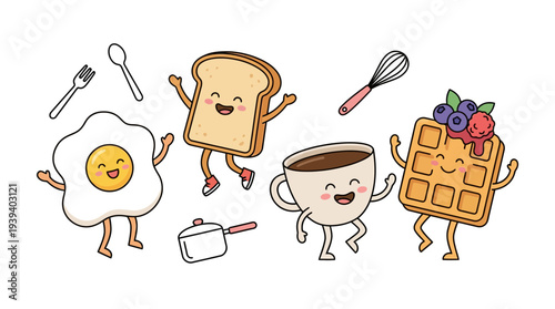 Whimsical Breakfast Scene with Toast Egg Juice and Waffle