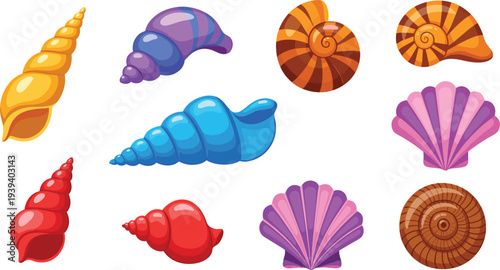 Vibrant cartoon vector collection of various sea shells including spiral conchs, colorful scallops, and snail shells in bright blue, purple, orange, and red tones