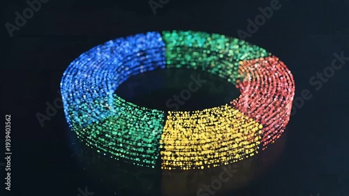 A vibrant, colorful circular arrangement viewed from above, featuring multicolored tiny objects forming a ring-like pattern