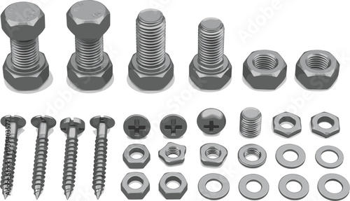Realistic vector collection of industrial hardware featuring various steel bolts, threaded screws, hexagonal nuts, and metal washers isolated on a white background.