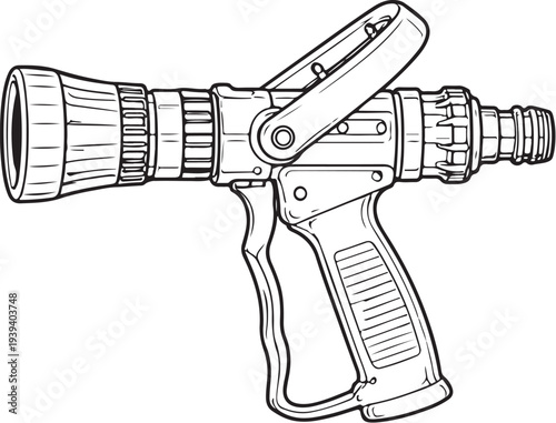 Firefighter Industrial Water Spray Gun Black and White Line Art Vector Side View