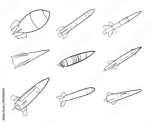 Set of Hand-drawn missile and rocket line art vector illustrations. Military weapon icons, projectile doodles, and aerospace sketches for defense and space design. Isolated vector outline graphics