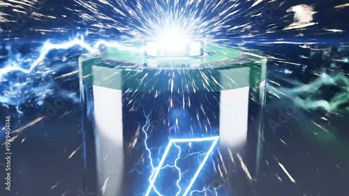 Futuristic portal opening with lightning effects and blue glow in a dark environment from a frontal viewpoint as seen in (107).mp4
