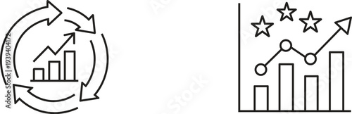 Business growth data analysis chart icons showing financial progress cycle and market performance indicators with rising arrows and star ratings