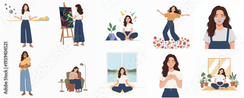 Illustration of Woman Doing Relaxing and Enjoyable Activities Lifestyle