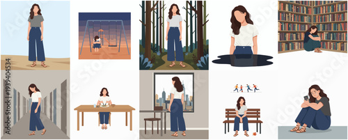 Flat Style Diverse Woman in Different Scenes Detailed Illustration Set