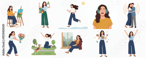 Diverse Flat Illustration of Woman in Various Activities and Lifestyle Set