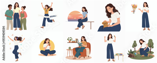 Flat Illustration Lifestyle of Woman in Various Activities and Emotions Set