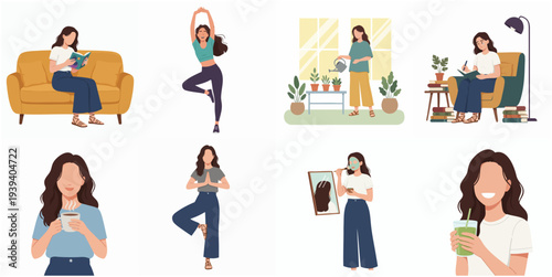 Flat Illustrated Set of Woman Doing Activities at Home Illustration