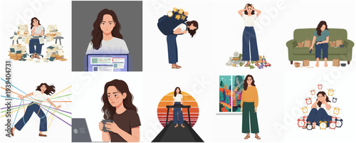 Diverse Cartoon Woman Depicting Mental Health Challenges and Overwhelmed Lifestyle Illustration