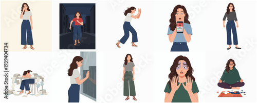Minimalist Flat Illustration Set of Woman in Different Situations and Emotions