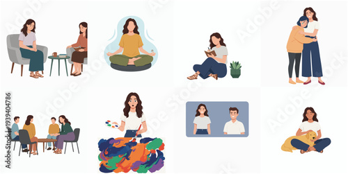 Flat Illustration of Woman Doing Various Activities for Mental Well Being