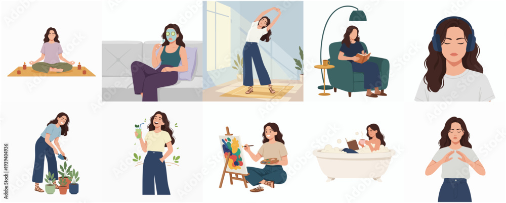 Fototapeta premium Stylish Flat Illustration of Woman Engaged in Self Care Activities Collection