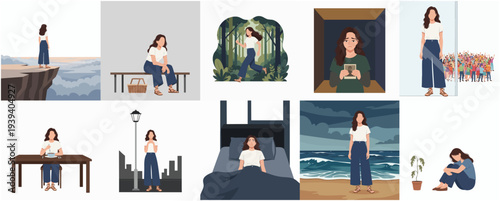 Minimalist Flat Illustration Depicting a Lonely Woman in Various Life Scenarios